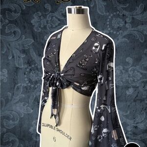 Black Tie-Front Sheer Print Crop Top